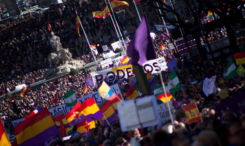 Más de 100.000 personas han participado este sábado en la Marcha del Cambia, convocada por Podemos en Madrid. -JAIRO VARGAS