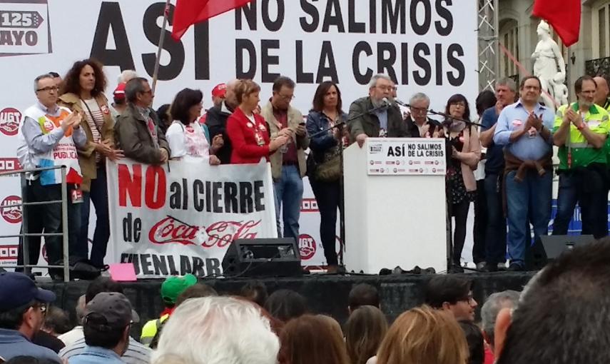 Cándido Mández (UGT) durante su discurso en la movilización en Madrid./ JORGE OTERO