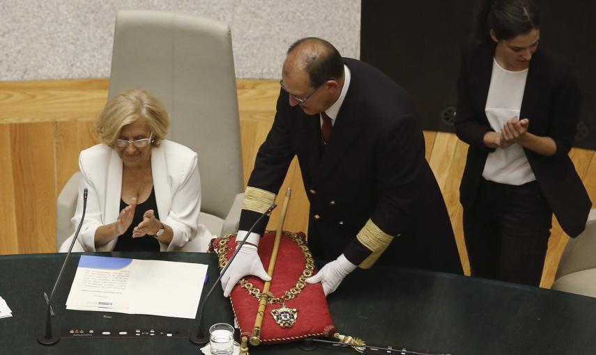 Manuela Carmena, cabeza de lista de Ahora Madrid al Ayuntamiento de la capital de España, ha sido proclamada nueva alcaldesa de la ciudad . EFE/Alberto Martín