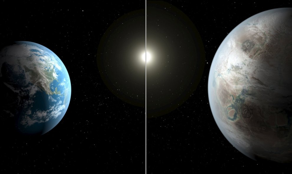 Una ilustración artística compara la Tierra (Izq) con un planeta más allá del sistema solar, llamado Kepler- 452b. El planeta, que es aproximadamente 60% más grande que la Tierra, se encuentra a unos 1.400 años luz de distancia en la constelación de Cygnu