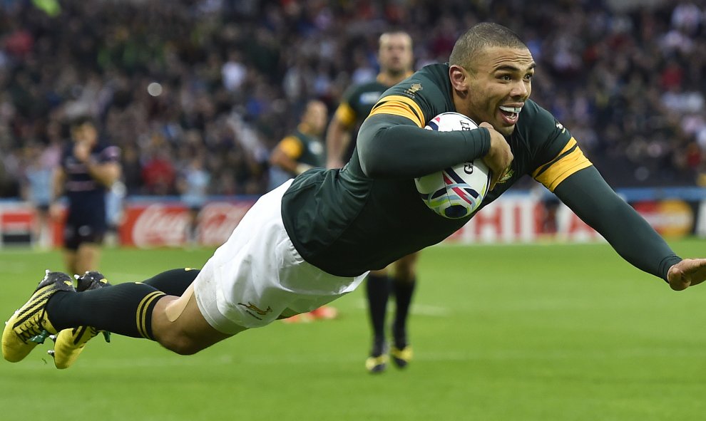 Bryan Habana en el partido disputado entre EEUU y Sudafrica en el estadio olímpico de Londres