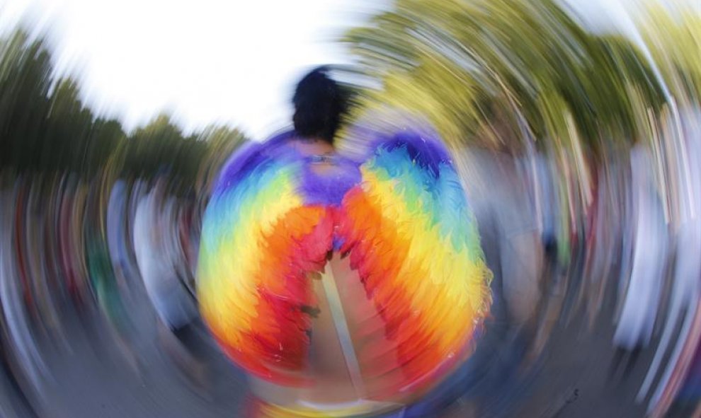 Detalle de las alas con los colores arcoiris de un asistente a la manifestación del Orgullo LGTB más grande de Europa que recorre el centro de Madrid bajo el lema "Leyes por la igualdad real ¡ya!. Año de la visibilidad bisexual en la diversidad". EFE/Juan