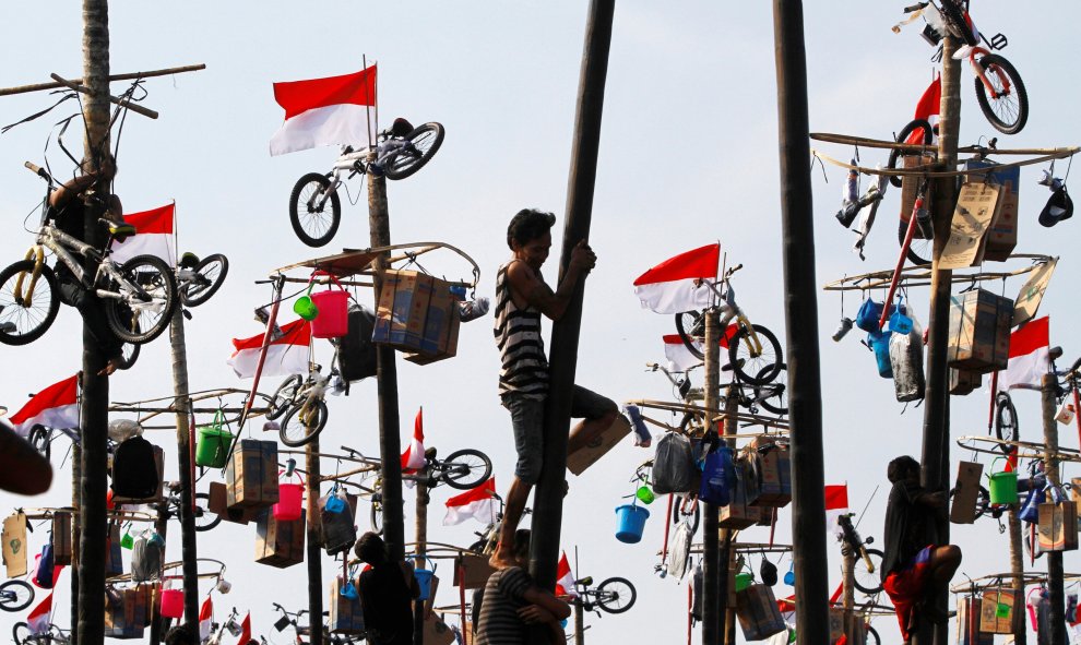 Los participantes escalan postes engrasados ​​para recoger los premios durante un evento de "Panjat Pinang" organizado por la celebración del 71ª aniversario del Día de la Independencia de Indonesia en Jakarta, Indonesia. REUTERS / Iqro Rinald