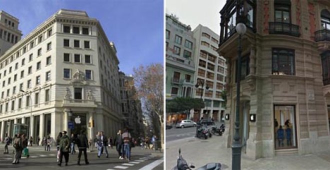 Los edificios de Barcelona, en la Plaza de Catalunya (a la izquierda), y de Valencia, en la Calle Colón, donde se ubican dos de las tres tiendas de Apple en España.