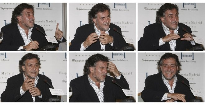 Combo de fotografías del seleccionador nacional de baloncesto, Pepu Hernández, durante la conferencia de prensa que ha ofrecido esta tarde en Madrid "para aclarar todas las cuestiones aparecidas" tras las últimas declaraciones del presidente de la Federac