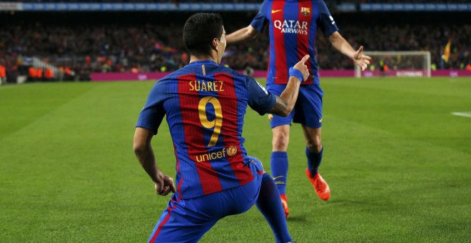 Luis Suárez celebra el gol anotado ante el Atlético de Madrid. - REUTERS