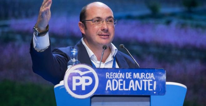 El nuevo presidente del Partido Popular en la Región de Murcia, Pedro Antonio Sánchez, durante su intervención en el 16º Congreso del partido en Murcia, donde ha salido elegido como nuevo presidente del partido, hoy en el Auditorio Regional Victor Villega