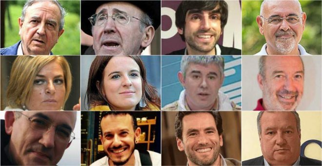 De arriba a abajo, y de izquierda a derecha, Iñaki Anasagasti, Tasio Erkizia, Edu Maura, Josean Pastor, Consuelo Ordóñez, Ane Muguruza, Urtzi Errazkin, Manu Arrue, Xabi Ansa, Santi Martínez, Borja Sémper, Roberto Larrañaga.