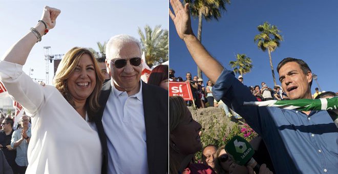 Susana Díaz, con Alfonso Guerra, y Pedro Sánchez en sus respectivos mítines en Sevilla. EFE