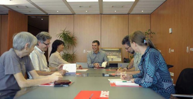 Fotografía facilitada por el PSOE, del secretario general, Pedro Sánchez (al fondo), que ha mantenido un encuentro con los principales responsables en España de las principales organizaciones ecologistas. | EFE