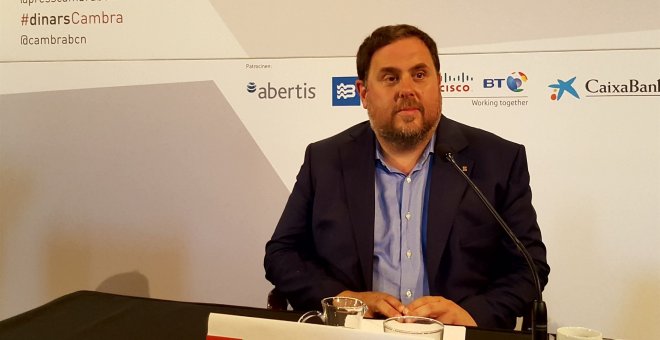 Oriol Junqueras en su intervención en los Dinars Cambra de la Cámara de Comercio de Barcelona. EUROPA PRESS