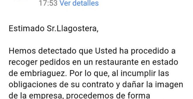 Correo electrónico donde Deliveroo anuncia a un trabajador su despido./Twitter de Ridersxderechos