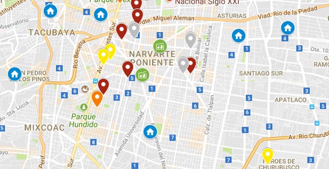 Mapa de los edificios derrumbados en el seísmo