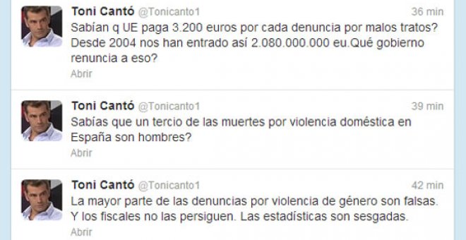 Tuits de 2013 de Toni Cantó en los que promocionaba estadísticas falsas sobre violencia de género, supuestamente ocultas para favorecer a las víctimas mujeres. El entonces diputado de UPyD tuvo que pedir perdón.