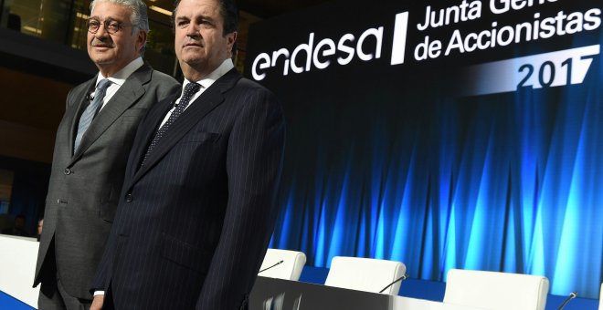 El consejero delegado de Endesa, José Bogas, y el presidente, Borja Prado, en la última junta de accionistas de la eléctrica. E.P.