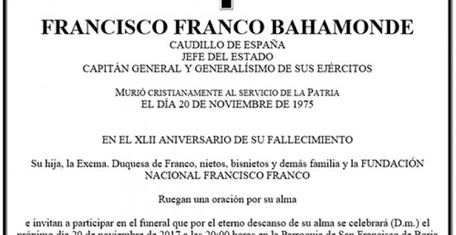 Esquela en memoria del dictador Francisco Franco