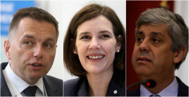 Los ministros Peter Kazimir, de Eslovaquia, Dana Reizniece-Ozola, de Letonia, y Mario Centeno, de Portugal, candidatos a la Presidencia del Eurogrupo. REUTERS