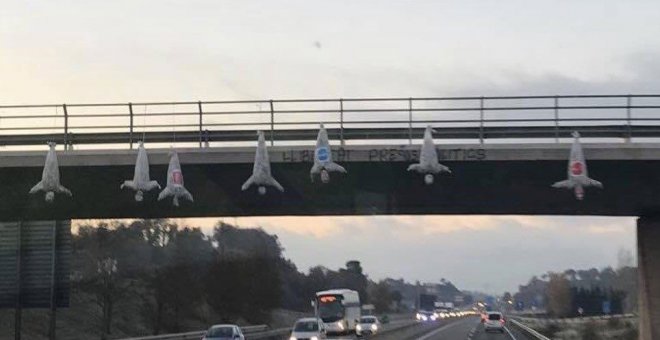 Fotografía facilitada por Sociedad Civil Catalana (SCC) de los siete muñecos boca abajo, algunos de ellos con logos de C's, PSC y PP, que unos desconocidos han colgado de un puente de la C-17 a la altura de Malla (Barcelona). EFE