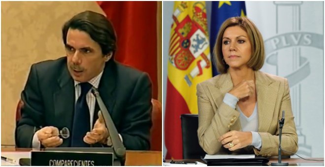 El expresidente José María Aznar, difusor de la teoría de la conspiración sobre la autoría de ETA de los atentados del 11-M; y la ministra de Defensa María Dolores de Cospedal, que comunicó que el Gobierno tiene constatado la intervención de hackers rusos