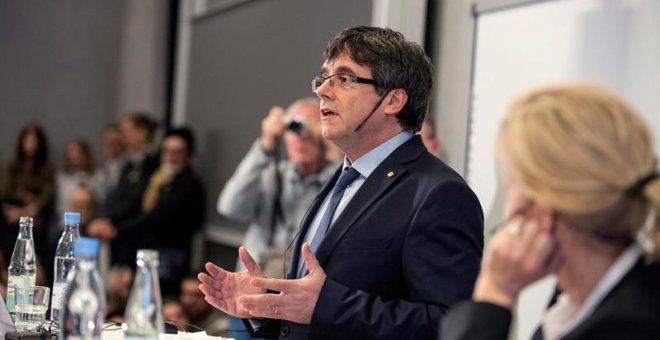 Carles Puigdemont durante su discurso en la Universidad de Copenhague. EFE/Ricardo Ramirez