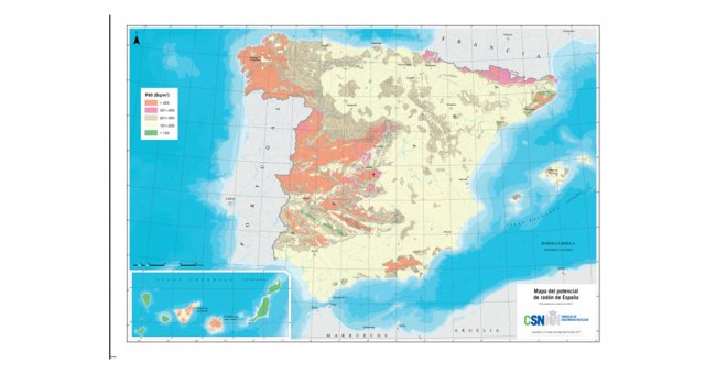 Mapa de potencial de gas radón en España del CSN.