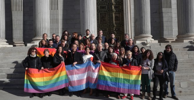 Representes del colectivo LGTIB en las escalinatas del parlamento, tras la votación en que la que todos los grupos de la oposición han rechazado el texto alternativo del PP a la ley LGTBI de Podemos.EFE/Zipi