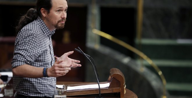 El secretario general de Podemos, Pablo Iglesias, esta tarde durante su intervención en el pleno del Congreso de los Diputados. EFE/Javier Lizón