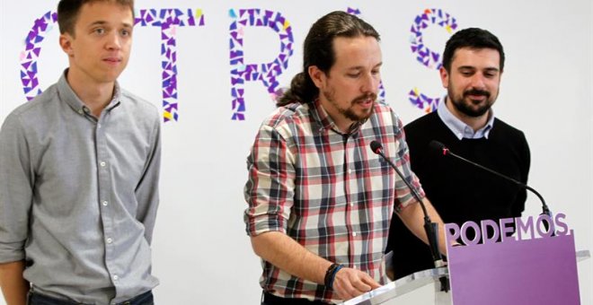 El líder de Podemos, Pablo Iglesias, en rueda de prensa ha anunciado que ha logrado que el diputado Íñigo Errejón y el secretario general de la formación en Madrid, Ramón Espinar, lleguen a un acuerdo para la candidatura que presentarán para la Comunidad