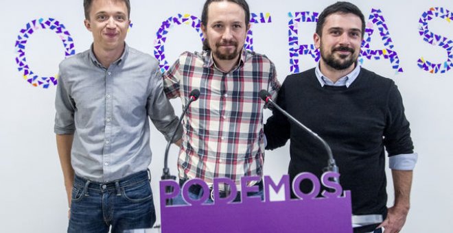 Pablo Iglesias, Íñigo Errejón y Ramón Espinar, antes de anunciar su acuerdo para las primarias de la Comunidad de Madrid. DANI GAGO/PODEMOS