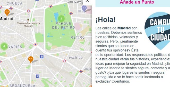 Pantallazo de la web Free to Be (Libre para ser yo) que Plan Internacional ha puesto en marcha para que las jóvenes identifiquen lugares seguros e inseguros de Madrid.