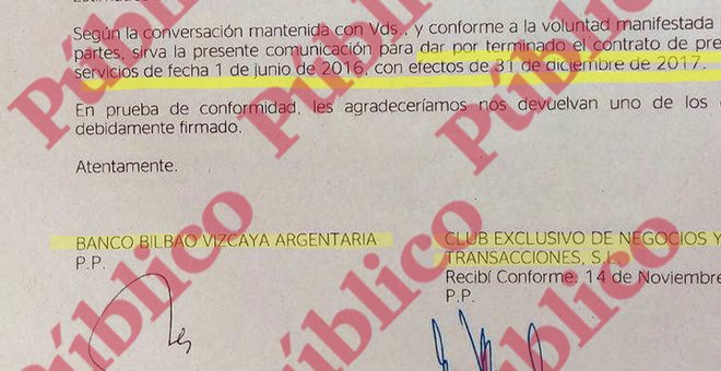 Fragmento del acuerdo de finalización del contrato entre el BBVA y CENYT, firmado por el jefe de seguridad del banco y por el hijo del excomisario Villarejo.