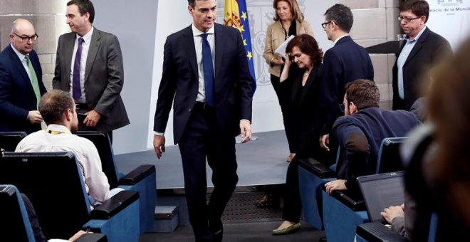 GRAF4787. MADRID, 06/06/2018.- El presidente del Gobierno, Pedro Sánchez, durante la comparecencia en la que ha anunciado la composición de su Ejecutivo, hoy en el Palacio de La Moncloa.- EFE/Mariscal