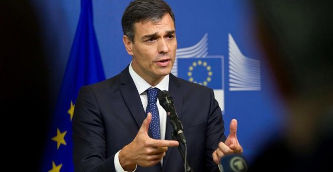 Pedro Sánchez, durante la rueda de prensa en la Cumbre de Trabajo informal sobre inmigración y asilo, hoy en Bruselas.-EFE/Horst Wagner