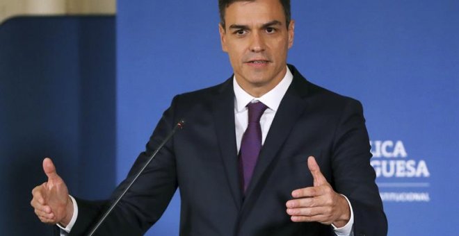 02/07/2018.- El presidente del Gobierno español, Pedro Sánchez, durante la rueda de prensa ofrecida hoy en Lisboa con el primer ministro portugués, Antonio Costa, tras mantener una reunión bilateral .EFE/Ballesteros