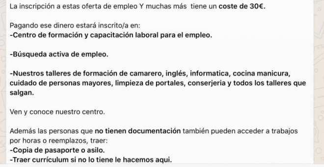 Anuncio que circula por Whatsapp en el que se piden 30 euros por optar a un puesto de trabajo.