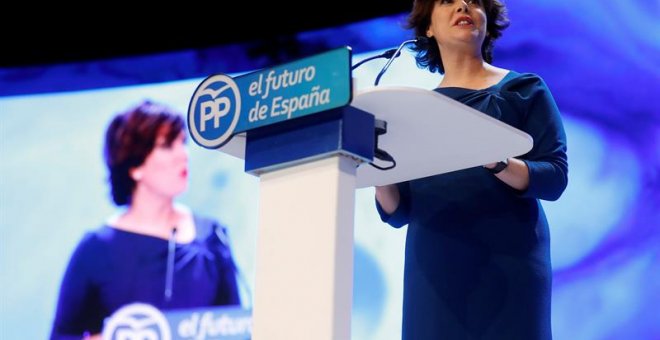 La candidata a la Presidencia del PP, Soraya Sáenz de Santamaría, durante su intervención hoy en el XIX Congreso del partido en el que se elige al nuevo presidente de la formación, en la que ha subrayado, en la presentación de su candidatura, que fue la c