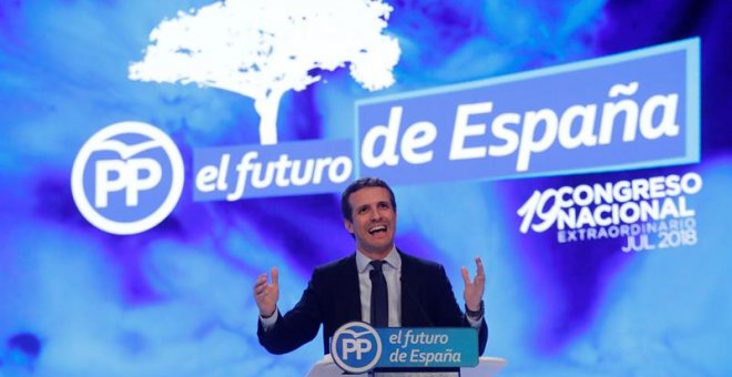 El candidato a la Presidencia del PP, Pablo Casado, durante su intervención hoy en el XIX Congreso del partido en el que se elige al nuevo presidente de la formación en la que ha dicho: "pase lo que pase, saldremos más fuertes y más unidos". EFE/Juan Carl