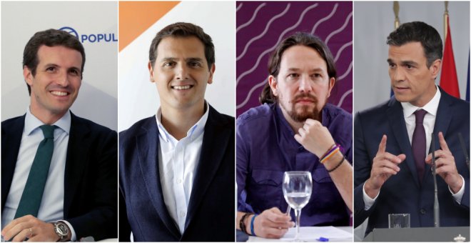 Los líderes del PP, Pablo Casado, de Ciudadanos, Albert Rivera, de Podemos, Pablo Iglesias, y del PSOE, Pedro Sánchez. EFE