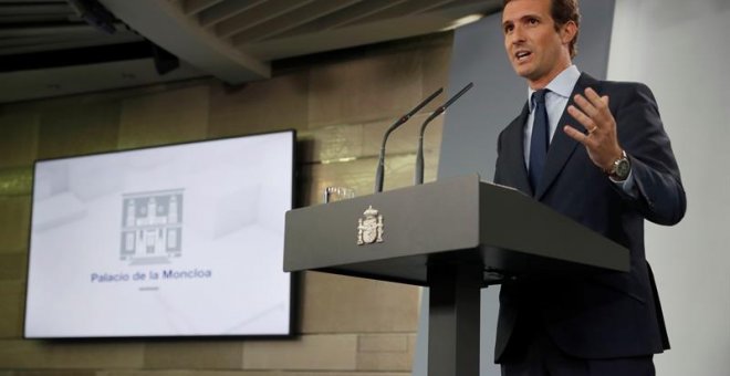 Pablo Casado en rueda de prensa después de la primera reunión con Pedro Sánchez desde que es presidente del PP | Foto: EFE