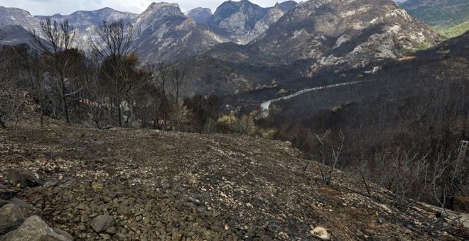 Vista de las montañas que rodean las localidades valencianas de Gandía y Barx, devastadas por el incendio forestal de Llutxent. / EFE