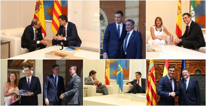 De izquierda a derecha y de arriba a abajo, el presidente del Gobierno, Pedro Sánchez, con Quim Torra (presidente de la Generalitat de Catalunya), Miguel Ángel Revilla (presidente de Cantabria), Susana Díaz (presidenta de la Junta de Andalucía), Francina