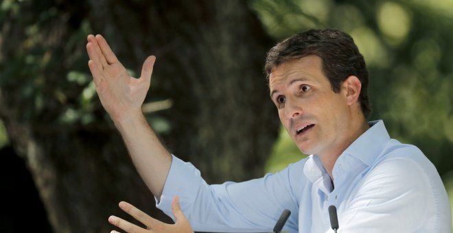 El presidente del Partido Popular, Pablo Casado,  en el acto de apertura del curso político celebrado en el municipio pontevedrés de Cerdedo-Cotobade. EFE/Lavandeira JR