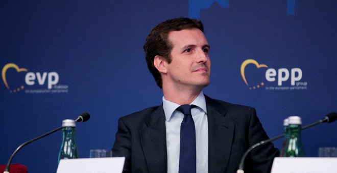 Pablo Casado, durante su intervención ante sus compañeros del Partido Popular Europeo. EFE/Tarek