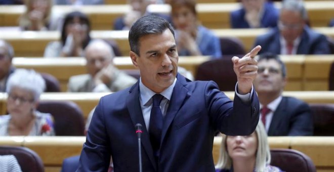 El presidente del Gobierno, Pedro Sánchez, durante su intervención en la sesión de control del Gobierno en el Senado. EFE/Kiko Huesca