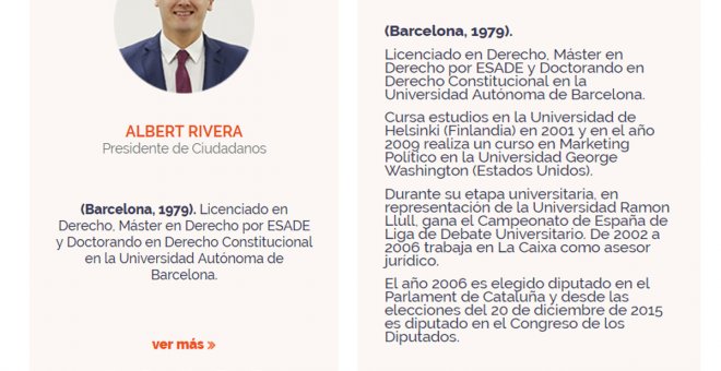 La página web de Ciudadanos sigue diciendo que Rivera es Doctorando en Derecho Constitucional