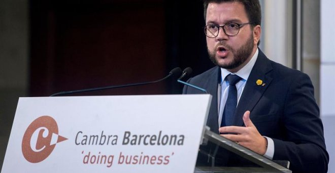 19/09/2018.- El vicepresidente de la Generalitat, Pere Aragonès, pronuncia la conferencia ''La economía catalana: presente y retos de futuro'', hoy en Barcelona dentro del "Dinars Cambra", una serie de almuerzos organizados por la Cámara de Comercio. EFE/