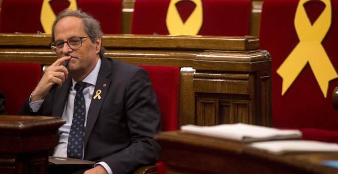 02/10/2018.- El presidente de la Generalitat, Quim Torra, durante el pleno del Parlament que lleva más de dos meses sin actividad, donde se celebra el debate y votación del dictamen de la comisión del Estatuto de los Diputados sobre los diputados suspend