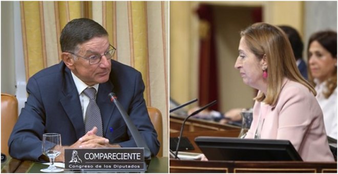 El expresidente de la Comisión de Investigación de Accidentes Ferroviarios (CIAF), Vicente Rallo, en su comparecencia en el Congreso; y la presidenta de la Cámara baja, Ana Pastor, en un Pleno. E.P.