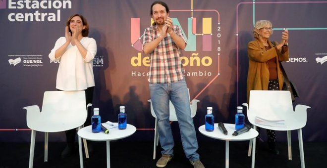 El líder de Podemos Pablo Iglesias, interviene en el debate de la universidad de otoño de Podemos, en una ponencia titulada 'Un debate entre alcaldesas', con la participación de las alcaldesas de Barcelona, Ada Colau, y de Madrid, Manuela Carmena, en una