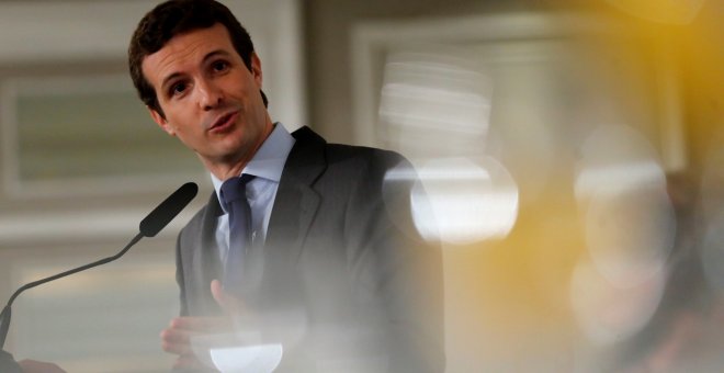 El presidente del Partido Popular, Pablo Casado, durante su intervención en un desayuno informativo en un hotel de Madrid. EFE/Juan Carlos Hidalgo